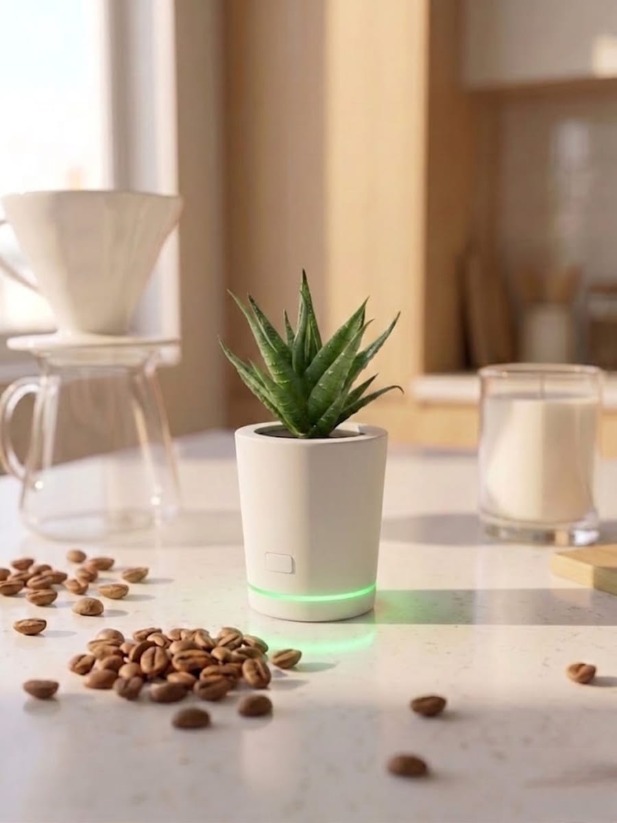 Purify Petal on kitchen counter beside pour-over coffee