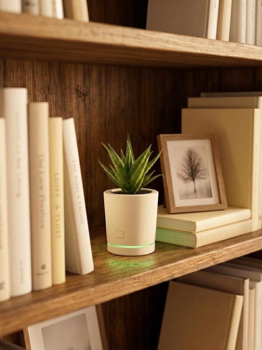Purify Petal on bookshelf beside framed photo and books