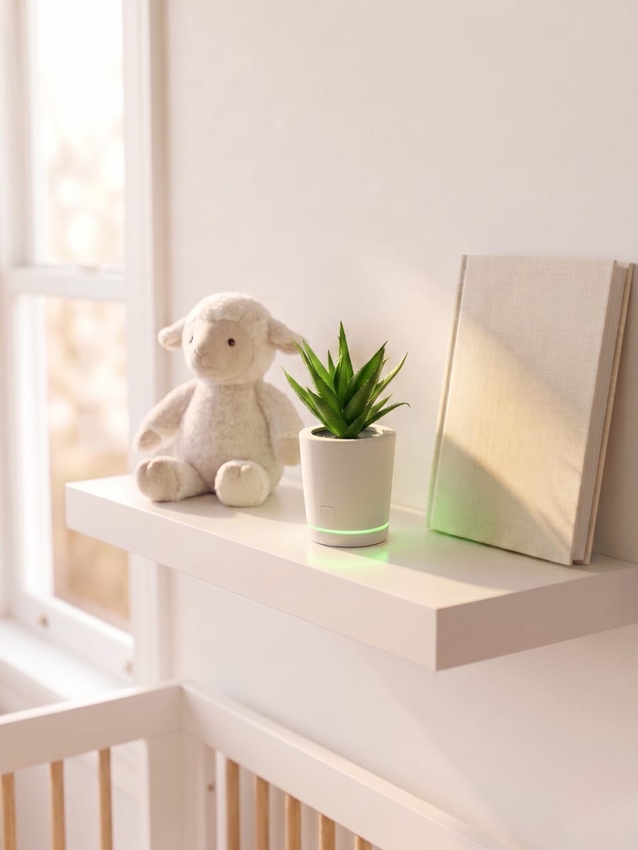 Purify Petal on nursery shelf beside stuffed lamb and books