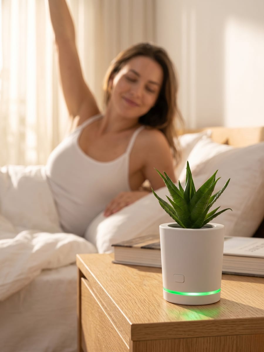 Woman stretching in morning sunlight with Purify Petal on nightstand